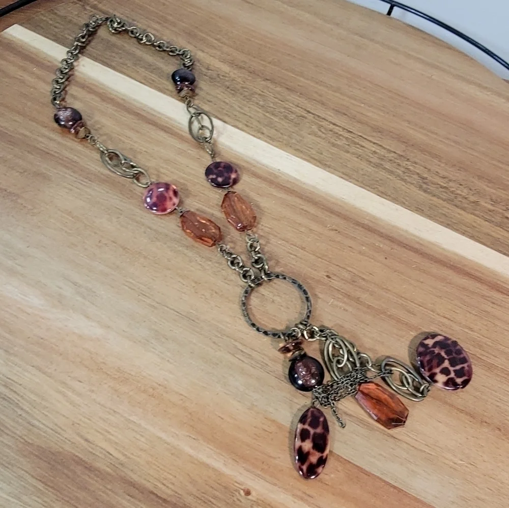 Antique Bronze Metal Statement Necklace with Amber beads and Chain Tassels Boho